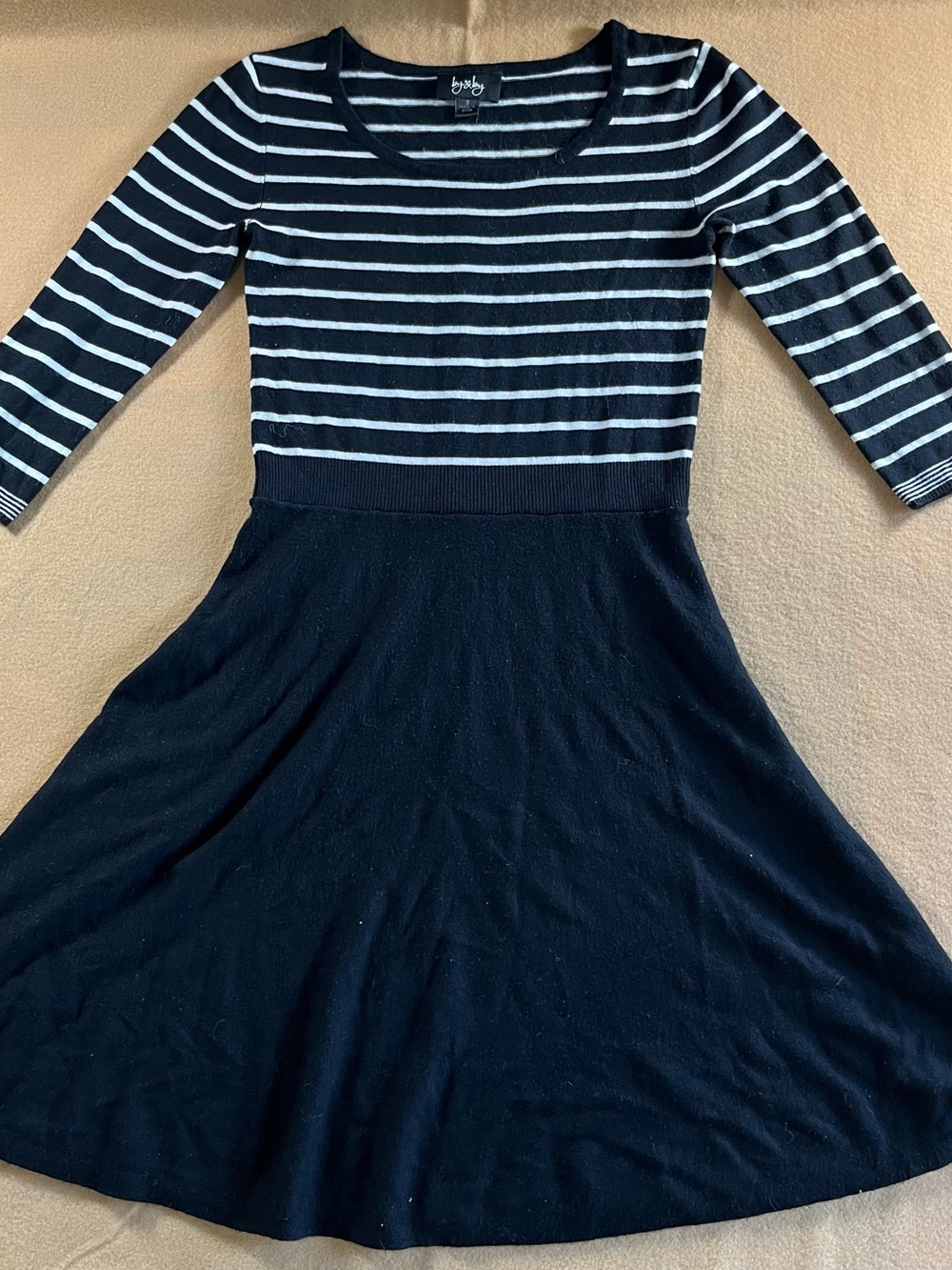 by & by Women’s Striped Knit Dress Black White Size S 3/4 Sleeve A-Line